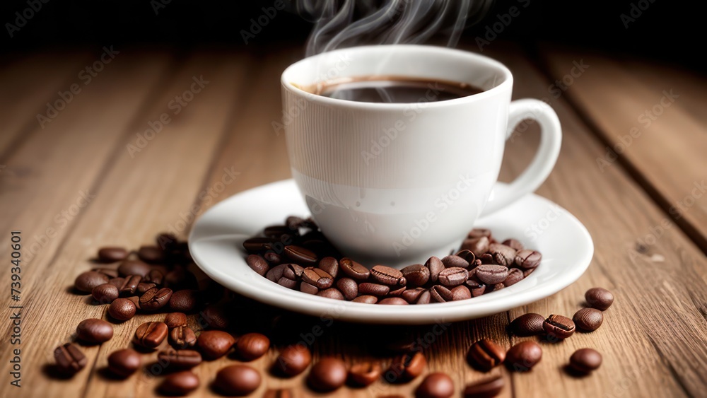 A cup of aromatic coffee in a white mug, scattered coffee beans around A cup of aromatic coffee in a white mug, scattered coffee beans around