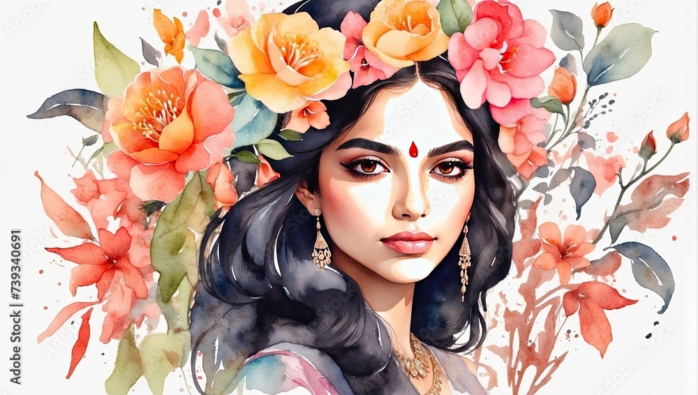The watercolor silhouette of Indian woman with delicate spring flowers in her hair is spring and summer portrait. Freedom, femininity, wedding, makeup, stylist, Barber, bride.