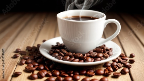 A cup of aromatic coffee in a white mug, scattered coffee beans around