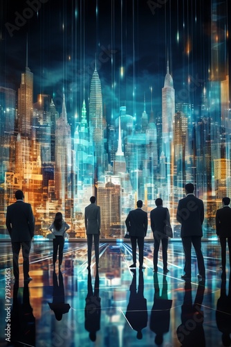 Business professionals looking at a futuristic cityscape