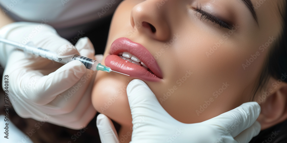 injectable Lip filling close pic about a woman lips with injection needle