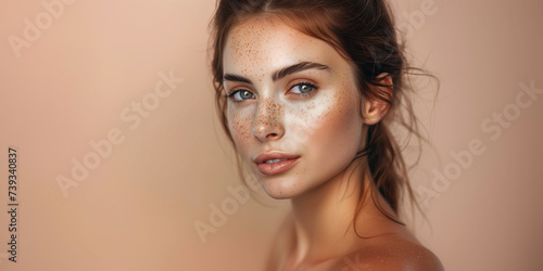 Close portrait about a beautiful young woman freckles on her face brunette long hair blue eyes confident face look at the camera with naked shoulders
