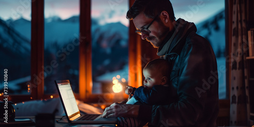 dad working on laptop with his baby