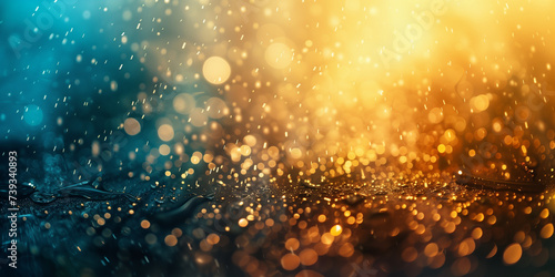 Nonfigurative macro style background with waterdrops and gold and blue lights