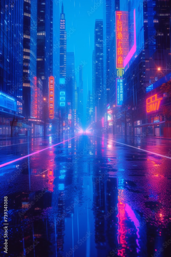 A rainy night in a cyberpunk city street with neon lights reflecting off the wet pavement