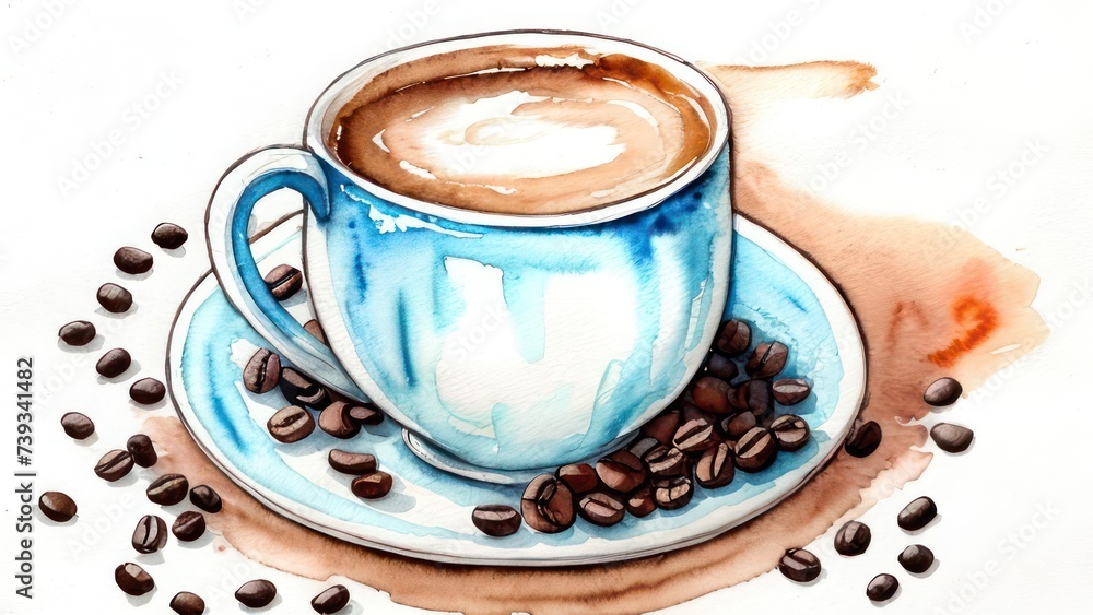 A cup of aromatic coffee in a white mug, scattered coffee beans around A cup of aromatic coffee in a white mug, scattered coffee beans around