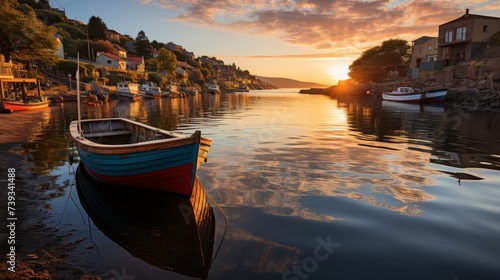 A quaint traditional fishing village at sunrise, small wooden boats moored in the harbor, colorful h