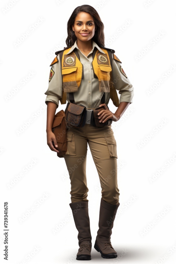 A female park ranger with brown hair and brown eyes is standing with her hands on her hips. She is wearing a khaki shirt, brown pants, and a yellow vest with a badge on it. A female park ranger with brown hair and brown eyes is standing with her hands on her hips. She is wearing a khaki shirt, brown pants, and a yellow vest with a badge on it.