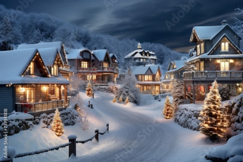 A snowy village street with decorated houses and Christmas trees © Adobe Contributor