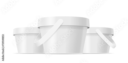 Ice Cream Buckets Front View Mockup, Feature High-resolution Template of Realistic White Plastic Containers for Branding