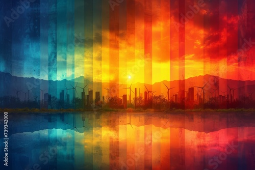 Vibrant colors of a city skyline and windmills at sunset with a lake reflecting the scene
