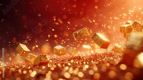 The concept of gold bars On a light red bokeh background economic turmoil financial crisis economic recession or market fluctuations