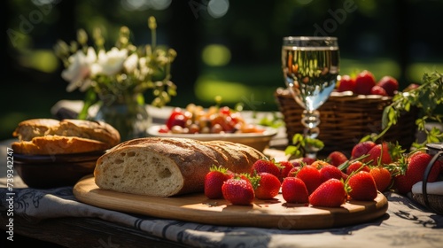 A serene outdoor picnic scene with a red and white checkered blanket spread on lush green grass, a w