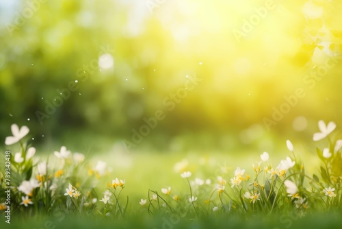 Bright sunny meadow with wildflowers and soft bokeh effect.