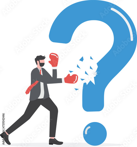 Person fight with Question Mark, Confident Businessman Solving Problem and Difficulty Quickly
