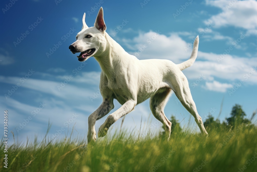 Energetic white dog running joyfully in a lush green field under a clear blue sky.