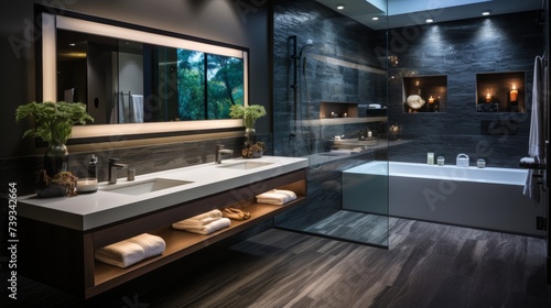 A luxurious modern bathroom  spa-like amenities  sleek fixtures  and ambient lighting  the space a s