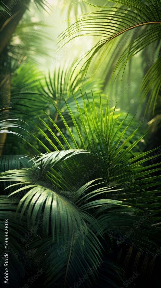 Fototapeta premium lush green leaves of tropical palm trees in rainforest