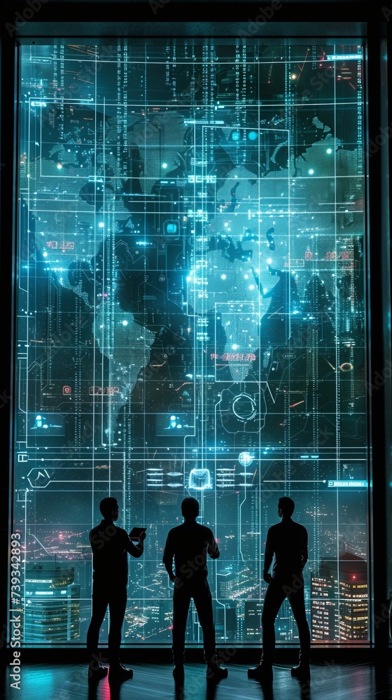 Three business people looking at a large digital world map on a glass wall
