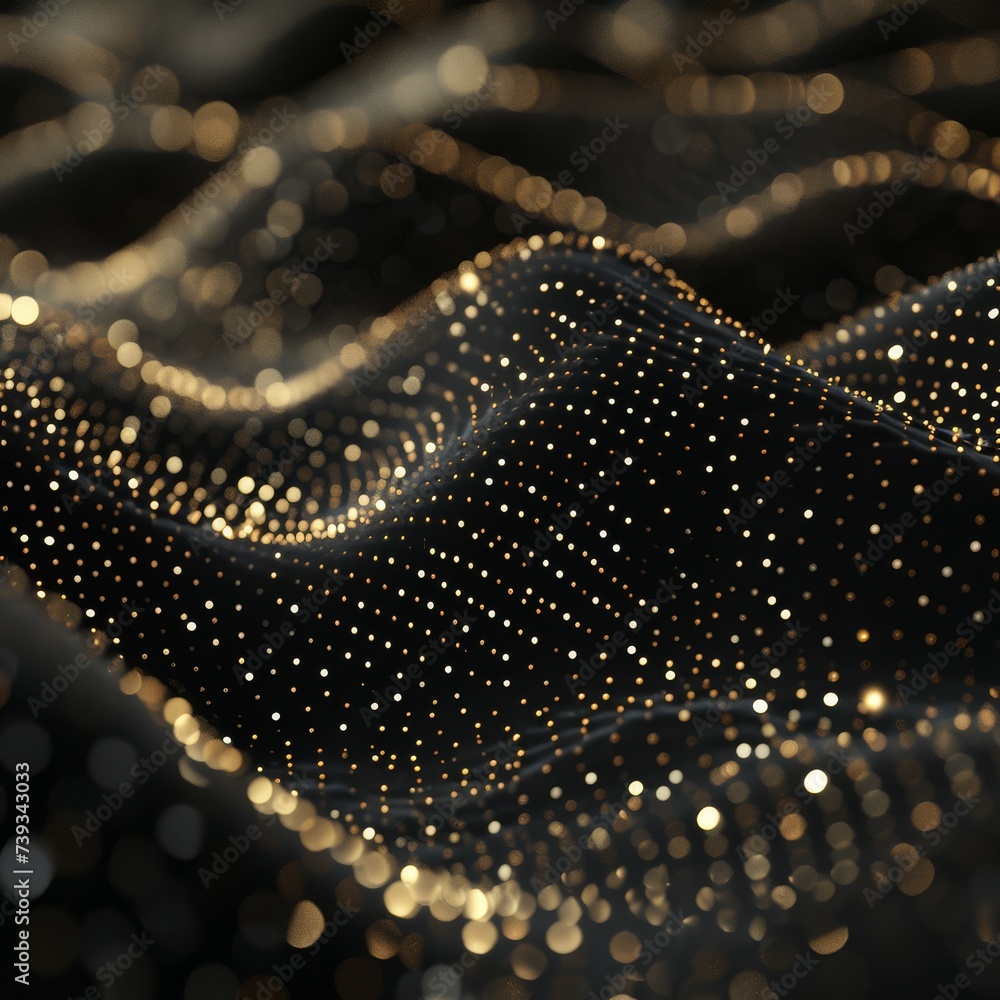 Golden particles forming a wavy abstract pattern on a dark background.