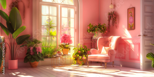 pink interior of a sunlit room with lots of plants © Loony Dream Designs
