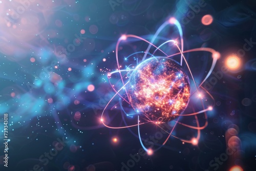 Abstract Quantum Physics Concept with Glowing Atomic Particle photo