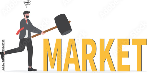 Beating the stock market, investor or active funds who win and earn more than stock market return concept, businessman investor or fund manager holding hammer to hit trying to beat the word Market.

