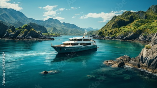 A sophisticated yacht navigating through a serene archipelago, the islands' lush greenery and rocky photo