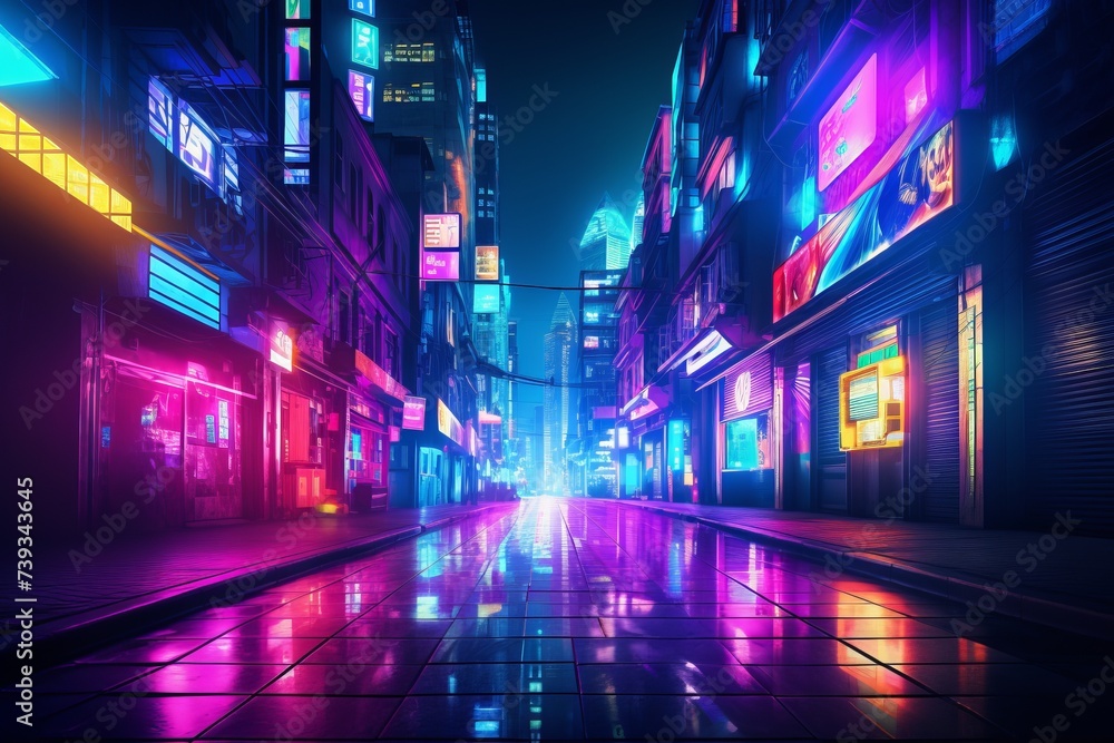 A cyberpunk illustration of a city street with neon lights and skyscrapers