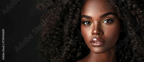 Portrait of a beautiful and elegant African woman in her 20s with styled long curly black hair. Extreme close up beauty portrait of beautiful young woman. Generative ai