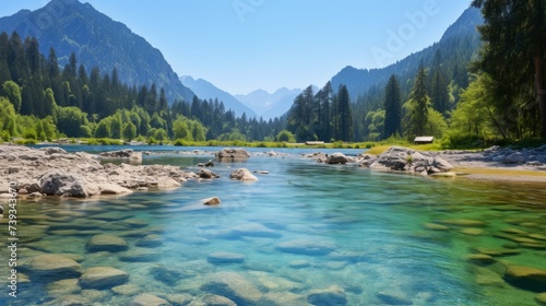The crystal clear river flows through the valley