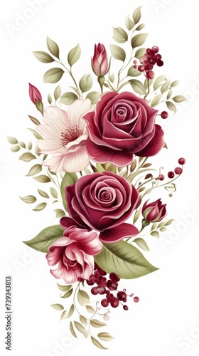 Vintage watercolor burgundy red rose and white magnolia flower bouquet