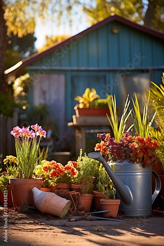 A beautiful garden shed with a variety of flowers and plants