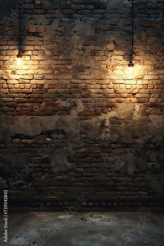 Grunge urban brick wall background with two hanging light bulbs