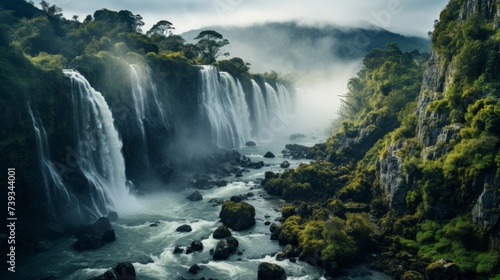 A majestic waterfall cascading down a rocky cliff  mist rising from the thunderous water  the surrou