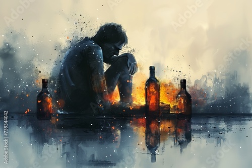 Glasses and bottles of strong alcohol near a person, Concept: illustration of alcohol addiction, problems and depression photo