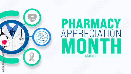 March is Pharmacy Appreciation Month background template. Holiday concept. use to background, banner, placard, card, and poster design template with text inscription and standard color. vector