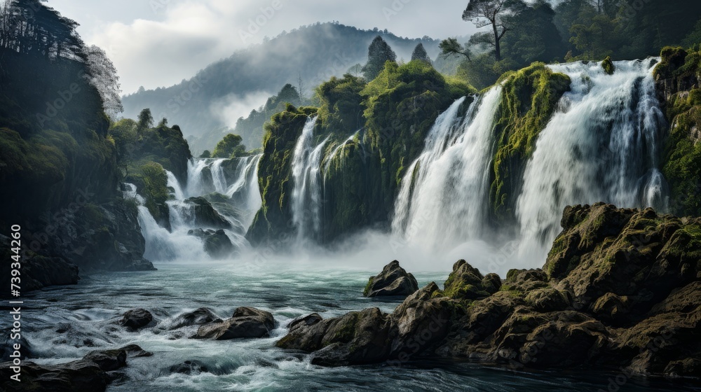 Fototapeta premium A majestic waterfall cascading down a rocky cliff, mist rising from the thunderous water, the surrou