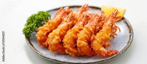 Delicious plate of fresh shrimp topped with lemon wedges and parsley, a gourmet seafood dish