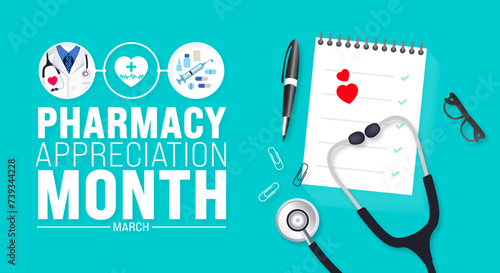 March is Pharmacy Appreciation Month background template. Holiday concept. use to background, banner, placard, card, and poster design template with text inscription and standard color. vector