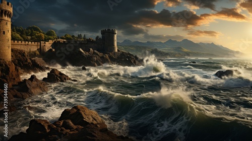A dramatic seascape with stormy skies over an ancient port, the formidable fortress standing guard o