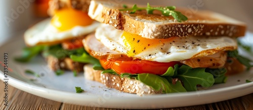 Delicious sandwich on a plate with a hot cup of coffee for a cozy breakfast meal concept