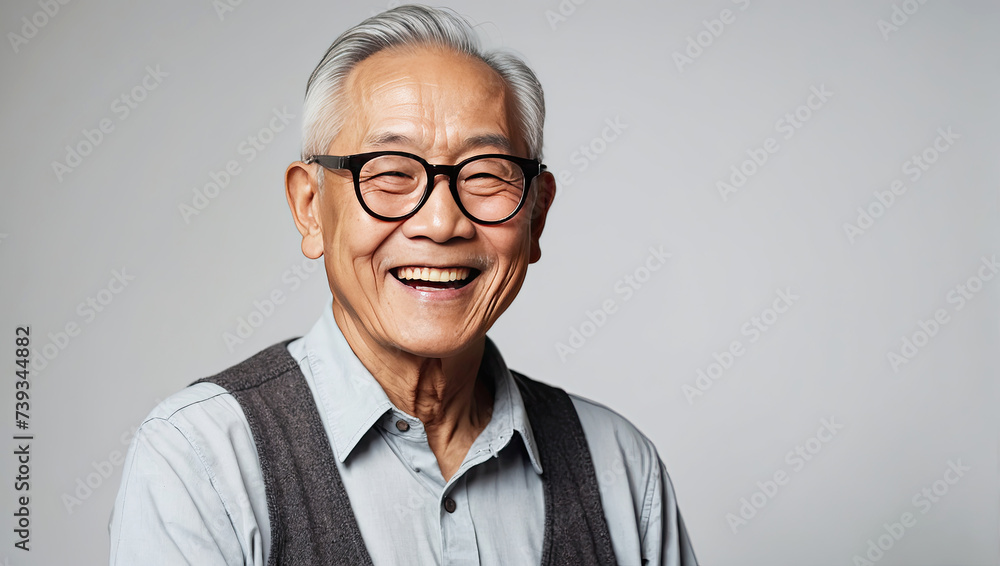 An elderly Asian happy man wearing eyeglasses on a gray solid background with copy space.