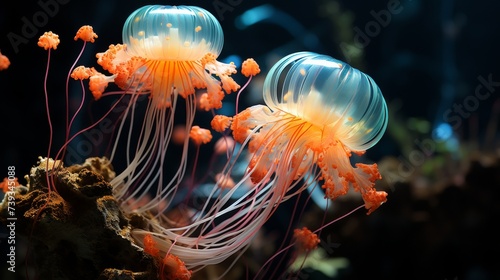 A serene and mysterious deep-sea landscape, bioluminescent creatures casting a gentle glow in the da © ProVector