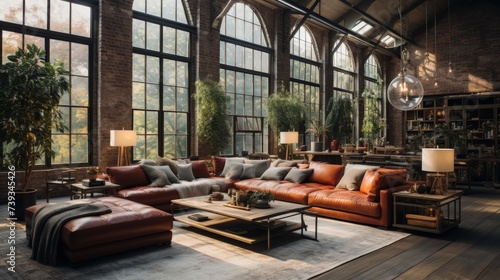 A spacious loft interior with high ceilings and exposed brick walls, large windows flooding the spac