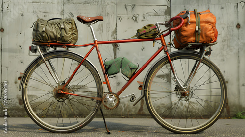 A custom-built tandem bicycle designed for adventure touring equipped with all the necessary gear for off-the-grid expeditions symbolizing teamwork and shared exploration. photo