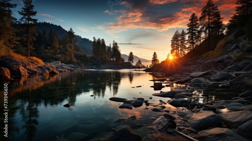 A serene alpine lake at sunset, the sky ablaze with colors, the silhouettes of pine trees framing th