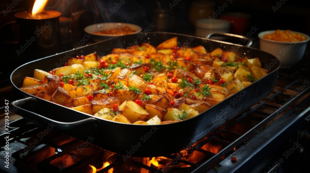 A pot of homemade stew simmering on a stove, ingredients and spices nearby, focus on the preparation