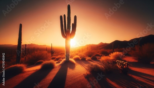 Majestic Saguaro Cactus at Sunset, Desert Landscape