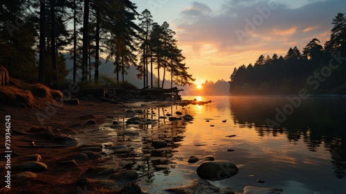 A twilight scene by a secluded forest lake  the last light of day casting a soft glow on the water a